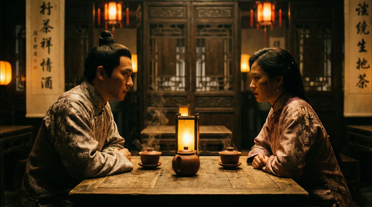 海角社区古装剧情片拍摄剧照-茶馆对话场景